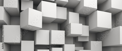 Geometric 3D cube pattern with square tiles, perfect for modern design backgrounds,Dynamic Abstract 3D White Geometric Cubes Popping Out from White Wall – Minimalist Modern Digital Art for Architectur