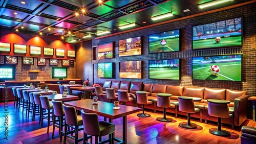 Colorful sports bar with multiple screens showing live games and events, stadium, table, event, live, screen