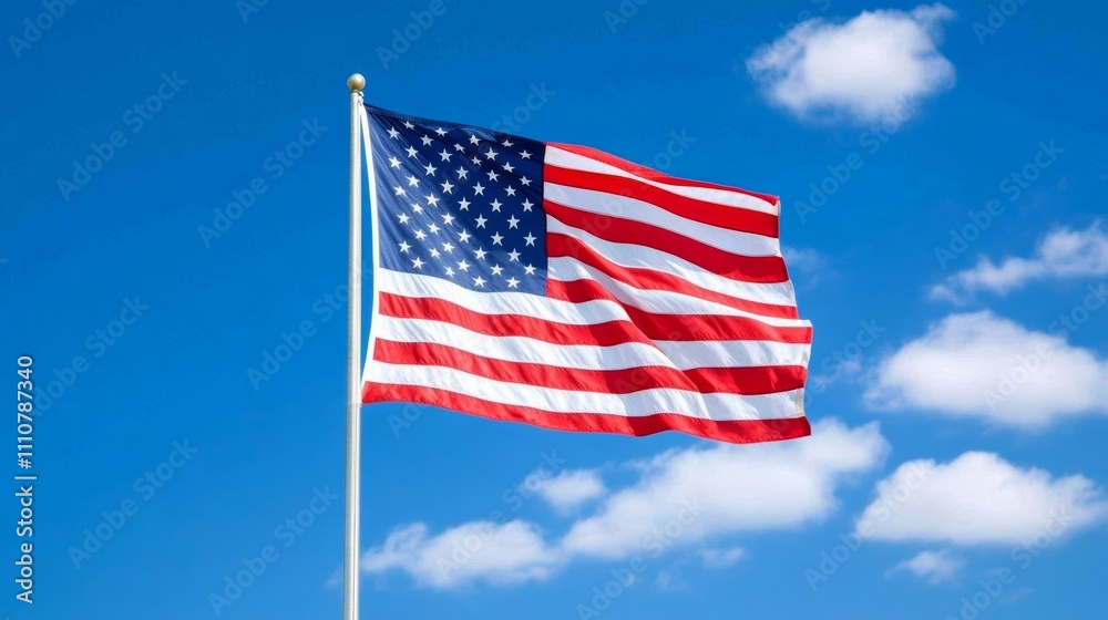 Lone American flag waving against a bright blue sky with soft white clouds symbolizing Memorial Day honor and patriotism 