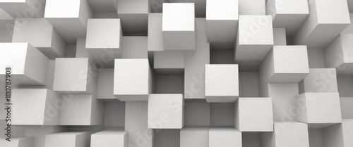 Geometric 3D cube pattern with square tiles, perfect for modern design backgrounds,Dynamic Abstract 3D White Geometric Cubes Popping Out from White Wall – Minimalist Modern Digital Art for Architectur