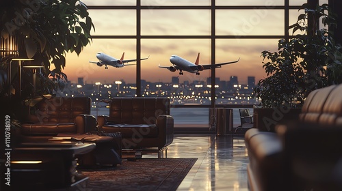 Working from an airport lounge with planes taking off in the background photo