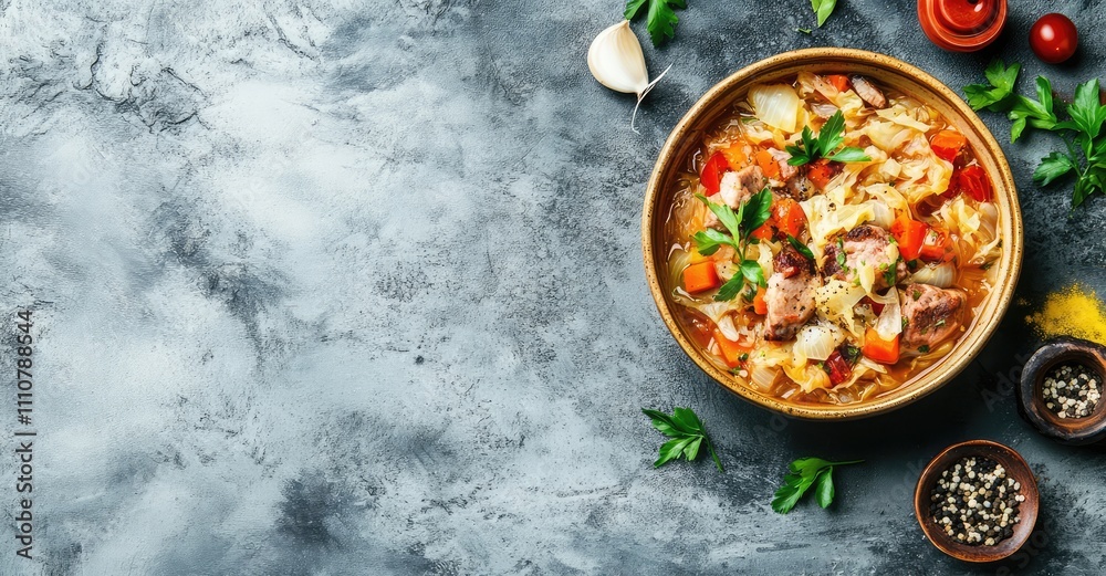Traditional sauerkraut soup, shchi with meat and vegetables. AI generated illustration. Traditional sauerkraut soup, shchi with meat and vegetables. AI generated illustration.