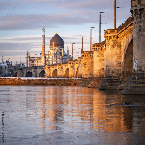 Historic Yenidze building and Carola Bridge (Carolabrücke), Dresden, Saxony photo