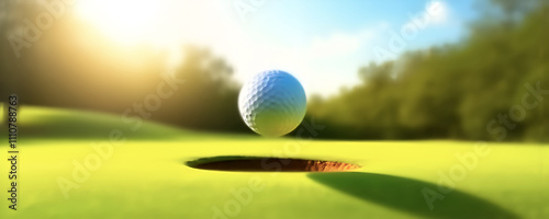 illustrazione pallina da golf sopra una buca, luce diurna e paesaggio verde con campo da golf