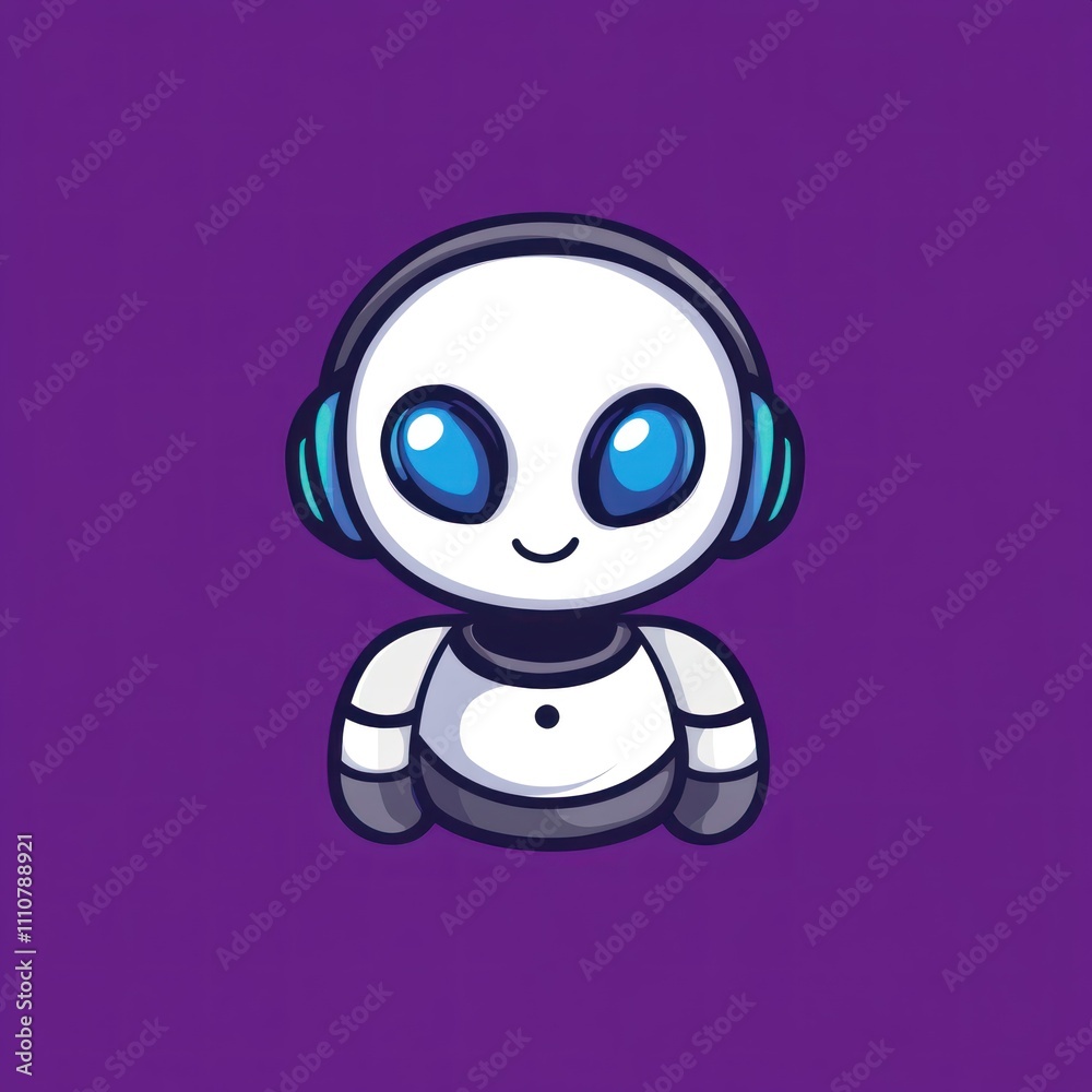 Here's a and keyword list for your image.. Cute robot with headphones. Here's a and keyword list for your image.. Cute robot with headphones.