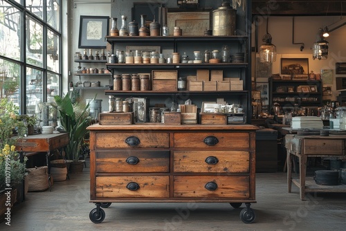 Rustic wooden dresser with six drawers on wheels in vintage shop interior. photo