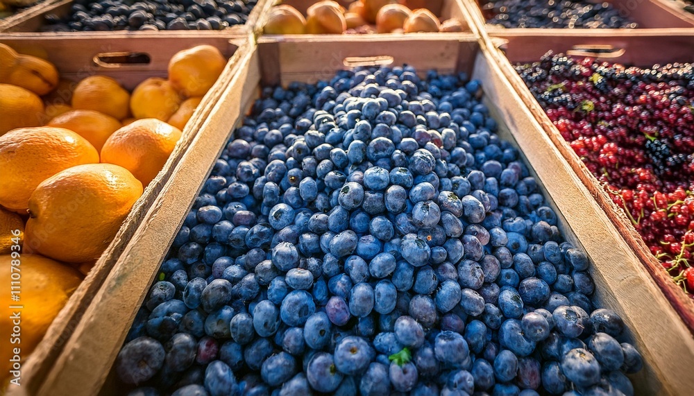 freshly picked organic blueberries nestled in rustic fruit crates, ready for market sale freshly picked organic blueberries nestled in rustic fruit crates, ready for market sale