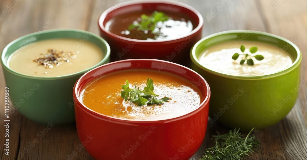 Variety of Garnished Soups in Colorful Bowls. AI generated illustration. Variety of Garnished Soups in Colorful Bowls. AI generated illustration.