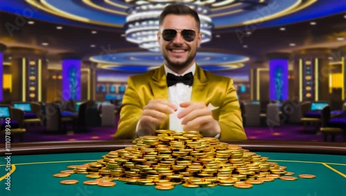 A happy man in a gold suit and sunglasses sits at a casino table, raking in a large pile of gold coins. He celebrates his winnings with a joyful expression. The casino background is blurred, emphasizi