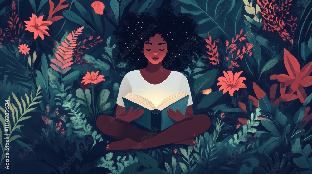 Serene Woman Reading Book in Lush Tropical Jungle Flora Serene Woman Reading Book in Lush Tropical Jungle Flora