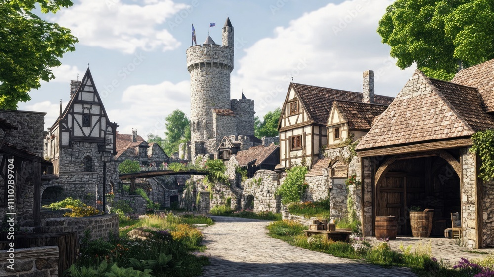 Obraz premium Medieval village street scene with stone houses, tower, bridge, flowers, and greenery under a sunny sky.
