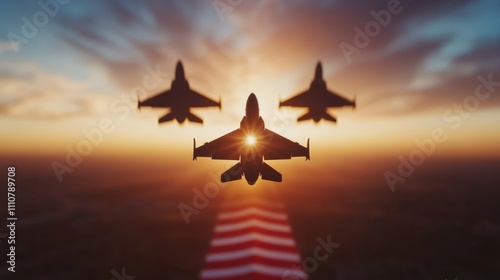 Silhouette of three fighter jets in formation flying over a waving American flag at sunset symbolizing Memorial Day military honor 