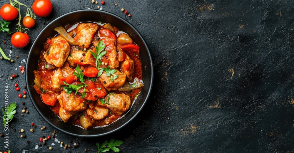 Veal Stewed with Vegetables in Tomato Sauce. AI generated illustration. Veal Stewed with Vegetables in Tomato Sauce. AI generated illustration.
