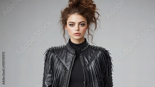 A young woman of mixed ethnicity in a stylish black leather jacket with fringe and studs against a gray background. photo