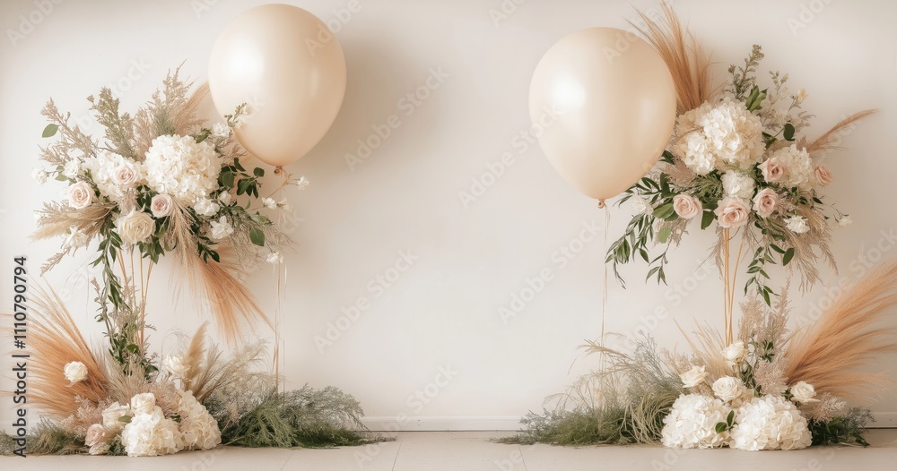 Elegant Wedding Decor: Champagne Balloons and Blush Floral Arrangements Against a White Wall Elegant Wedding Decor: Champagne Balloons and Blush Floral Arrangements Against a White Wall