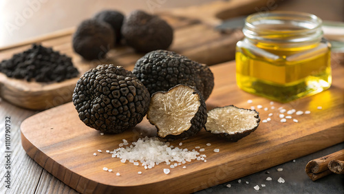 Fresh black truffles, sea salt, and olive oil displayed on a wooden cutting board, emphasizing their gourmet appeal and culinary luxury in a minimalist and elegant composition. photo