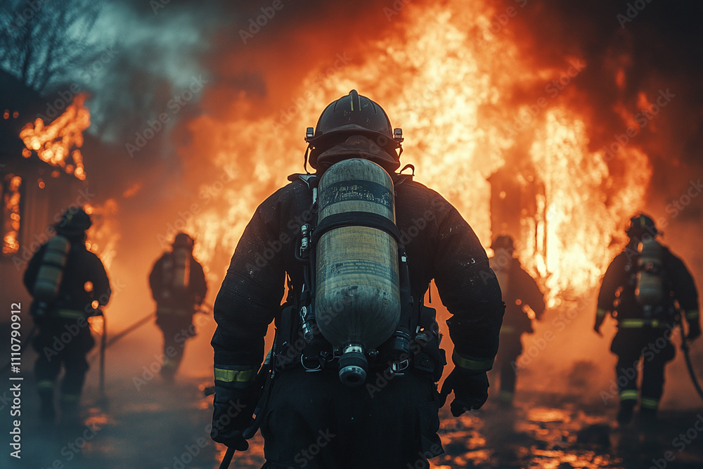 Back view of a group of firefighters running towards a burning house ...