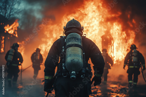 Back view of a group of firefighters running towards a burning house. Firefighter team in full gear goes towards a burning house, dramatic lighting and smoke surrounding them.