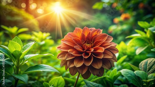 Stunning Landscape Photography of a Brown Flower Surrounded by Lush Green Leaves in a Serene Natural Setting Capturing the Essence of Nature's Beauty and Tranquility
