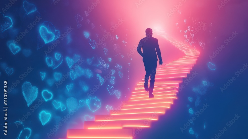 Surreal Enchanted Stairs with a Figure Walking Towards Light Surreal Enchanted Stairs with a Figure Walking Towards Light