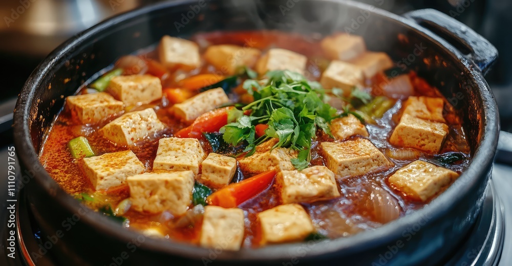 Spicy Winter Vegetable and Tofu Dish. AI generated illustration. Spicy Winter Vegetable and Tofu Dish. AI generated illustration.