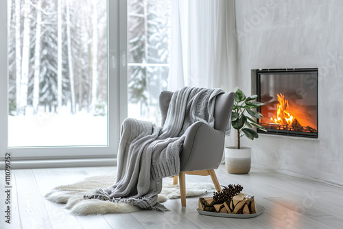 Minimalist home interior design of modern living room with grey fabric lounge chair in light interior with fireplace while snowing outside.	 photo