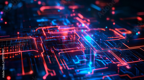 a circuit board with technology concept glowing lines, Digital Technology Network Data and Communication background with neon light effect,  illustrating the seamless fusion of advanced engineering.