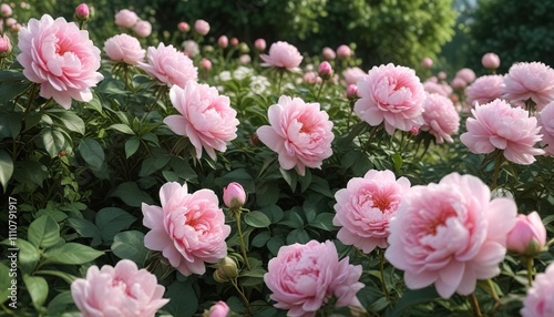 Fresh pink roses and peonies in a garden setting with flowers , garden decor, peony flowers, pink roses