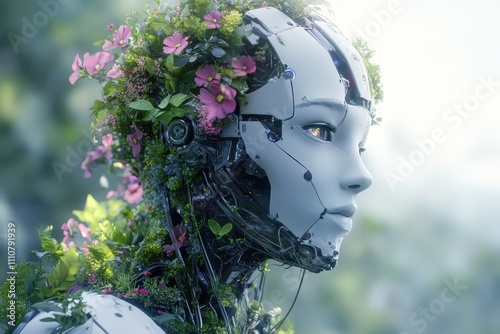 A humanoid robot head adorned with blooming flowers and greenery, merging technology and nature in a serene, futuristic scene. AI generated. photo