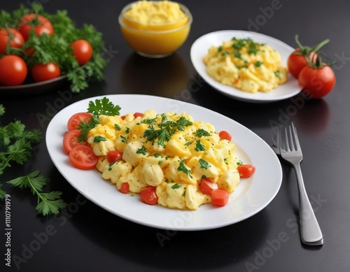 Fresh scrambled eggs with tomato and parsley on a white plate against a black reflective surface , egg, plate, reflection