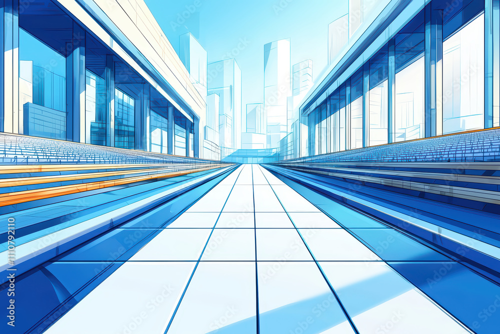Modern architectural perspective with vibrant blue tones, showcasing futuristic cityscape. clean lines and bright colors evoke sense of innovation and progress Modern architectural perspective with vibrant blue tones, showcasing futuristic cityscape. clean lines and bright colors evoke sense of innovation and progress