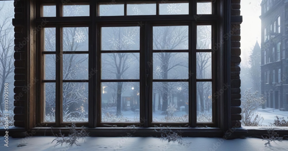 Fototapeta premium Frosty windowpanes on a cold winter morning with snowflakes gently falling outside, cold weather, frosty scene