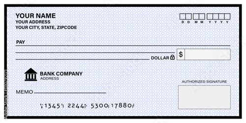 Blank Cheque template of the bank. Checkbook cheque page with empty fields to fill.