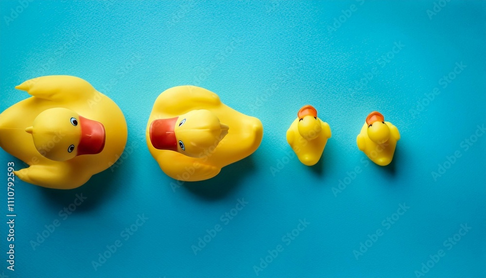 Yellow rubber toy A blue background with a mother duck and her little ducklings. the idea Yellow rubber toy A blue background with a mother duck and her little ducklings. the idea