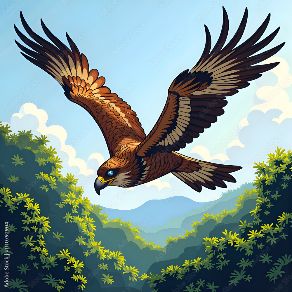 Majestic eagle soaring above lush greenery in a serene mountain landscape, digital art of wildlife illustration concept. Majestic eagle soaring above lush greenery in a serene mountain landscape, digital art of wildlife illustration concept.