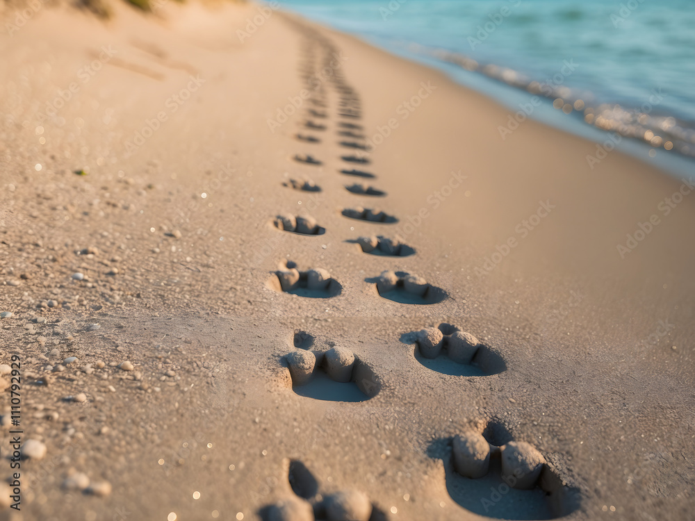 Close-up of cat paw prints leading down the sandy beach towards the water Close-up of cat paw prints leading down the sandy beach towards the water