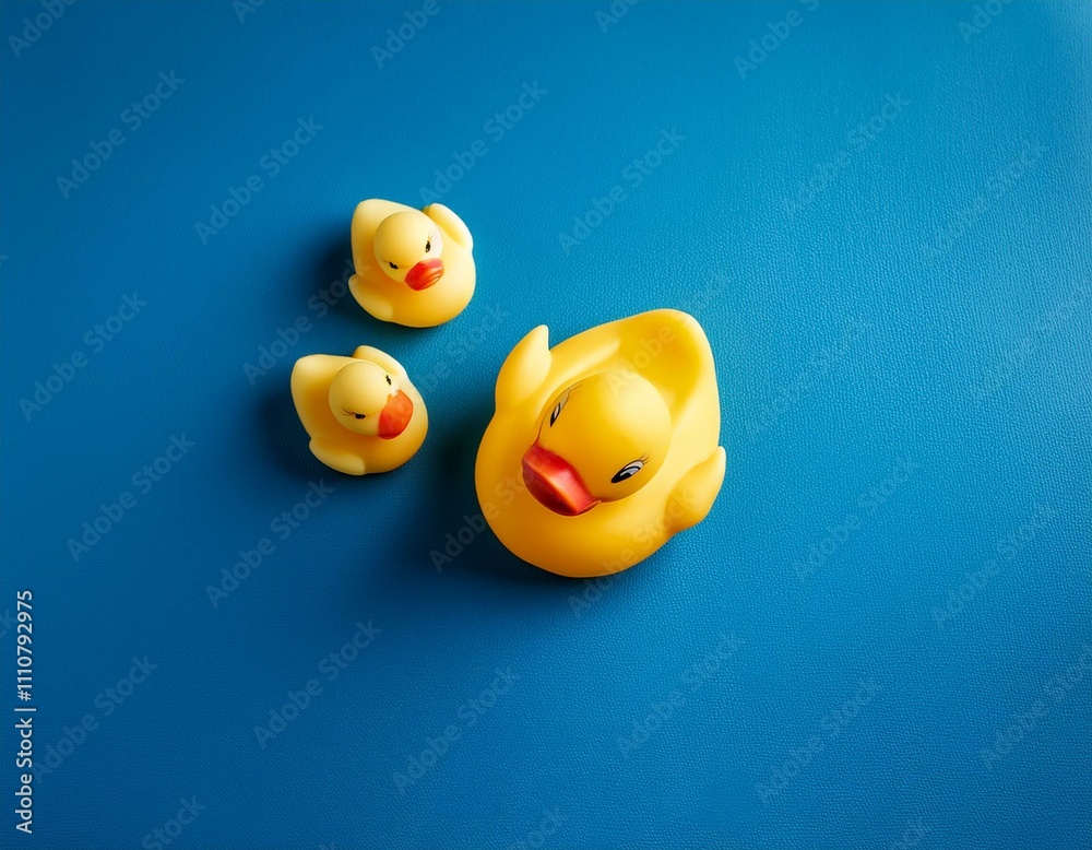 Yellow rubber toy A blue background with a mother duck and her little ducklings. the idea Yellow rubber toy A blue background with a mother duck and her little ducklings. the idea