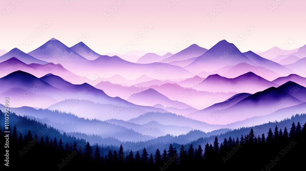 Obraz premium Serene mountain range at dusk with soft purple hues and silhouettes, creating tranquil atmosphere. layers of mountains evoke sense of calm and beauty