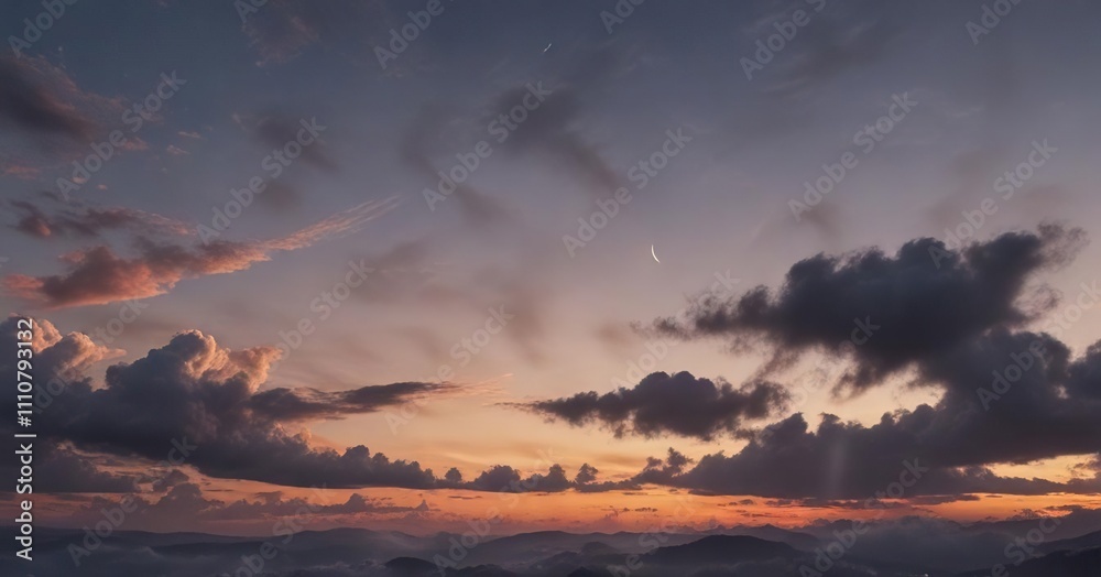 Gentle golden light of sunset illuminates clouds in the clear evening sky with crescent moon and Venus, crescent moon, evening illumination Gentle golden light of sunset illuminates clouds in the clear evening sky with crescent moon and Venus, crescent moon, evening illumination