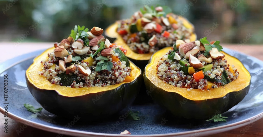 Stuffed Acorn Squash with Quinoa and Vegetables. AI generated illustration. Stuffed Acorn Squash with Quinoa and Vegetables. AI generated illustration.