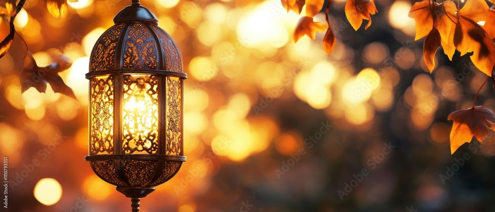 A decorative lantern glowing amidst autumn leaves, creating a warm, inviting atmosphere. A decorative lantern glowing amidst autumn leaves, creating a warm, inviting atmosphere.