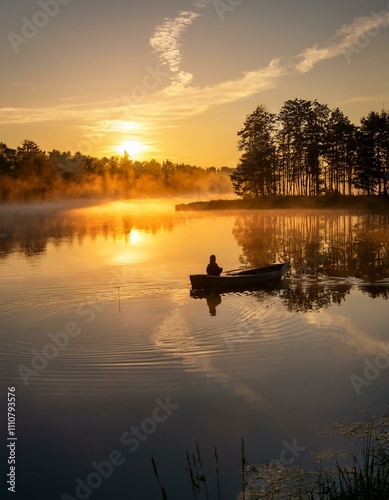 Wallpaper Mural A sunrise over a tranquil lake with mist - the water reflecting the golden sky Torontodigital.ca