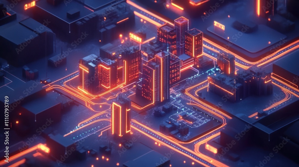 Futuristic Cityscape with Neon Lights and Digital Network Design Futuristic Cityscape with Neon Lights and Digital Network Design
