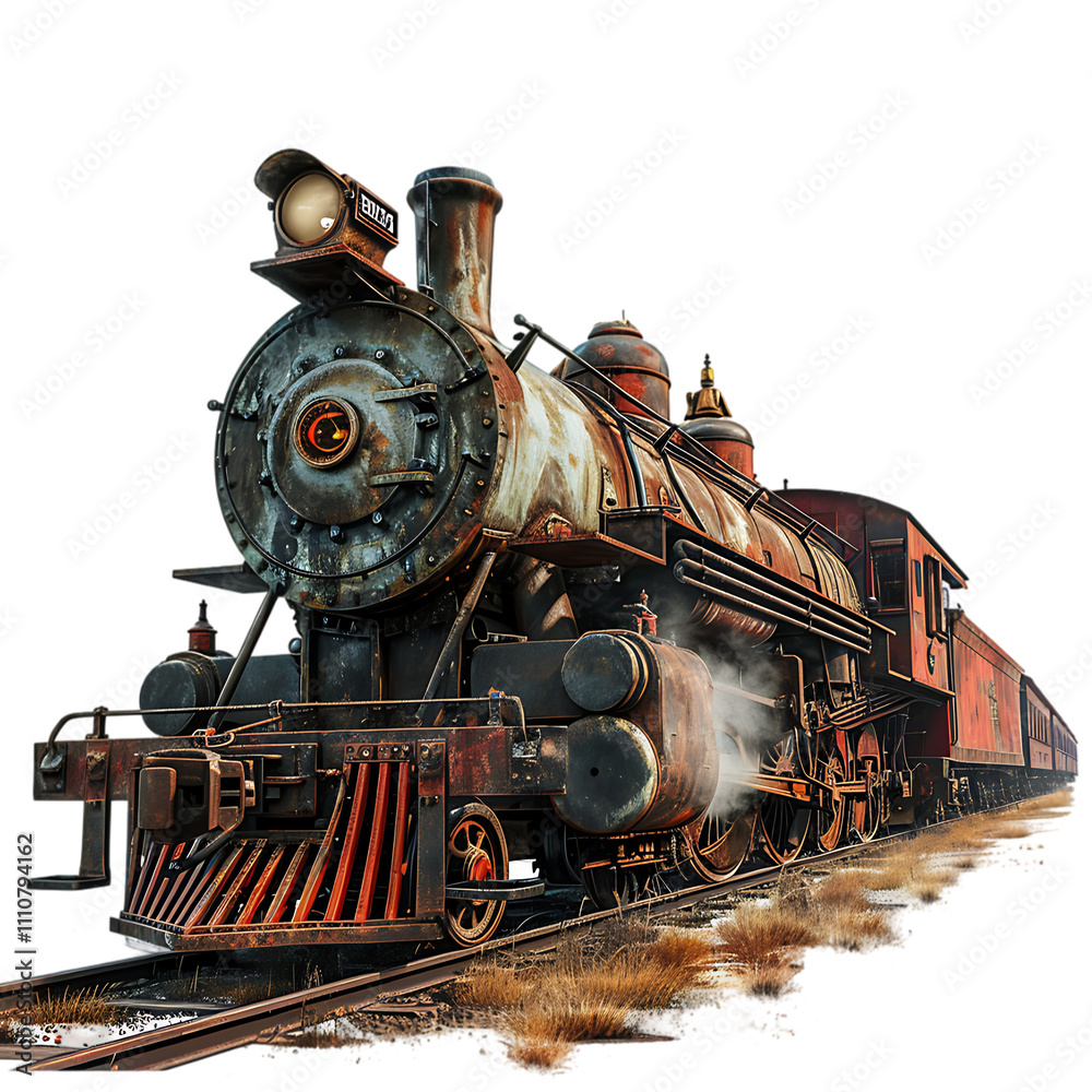 Naklejka premium Old Rusty Vintage Steam Locomotive Chugging Along the Tracks - Transparent PNG