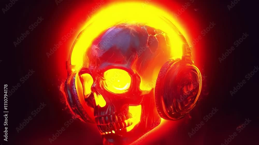 A neon skull with headphones emits a fiery glow. Ideal for music, Halloween, and abstract projects.. AI Generation