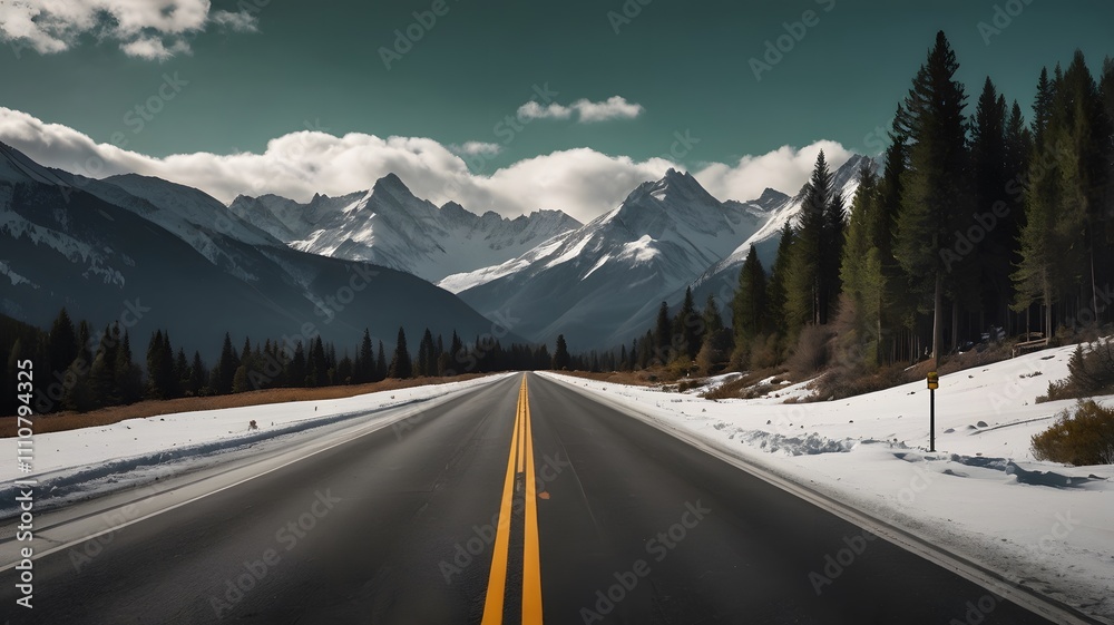 Scenic Road to Snow-Capped Mountains Scenic Road to Snow-Capped Mountains