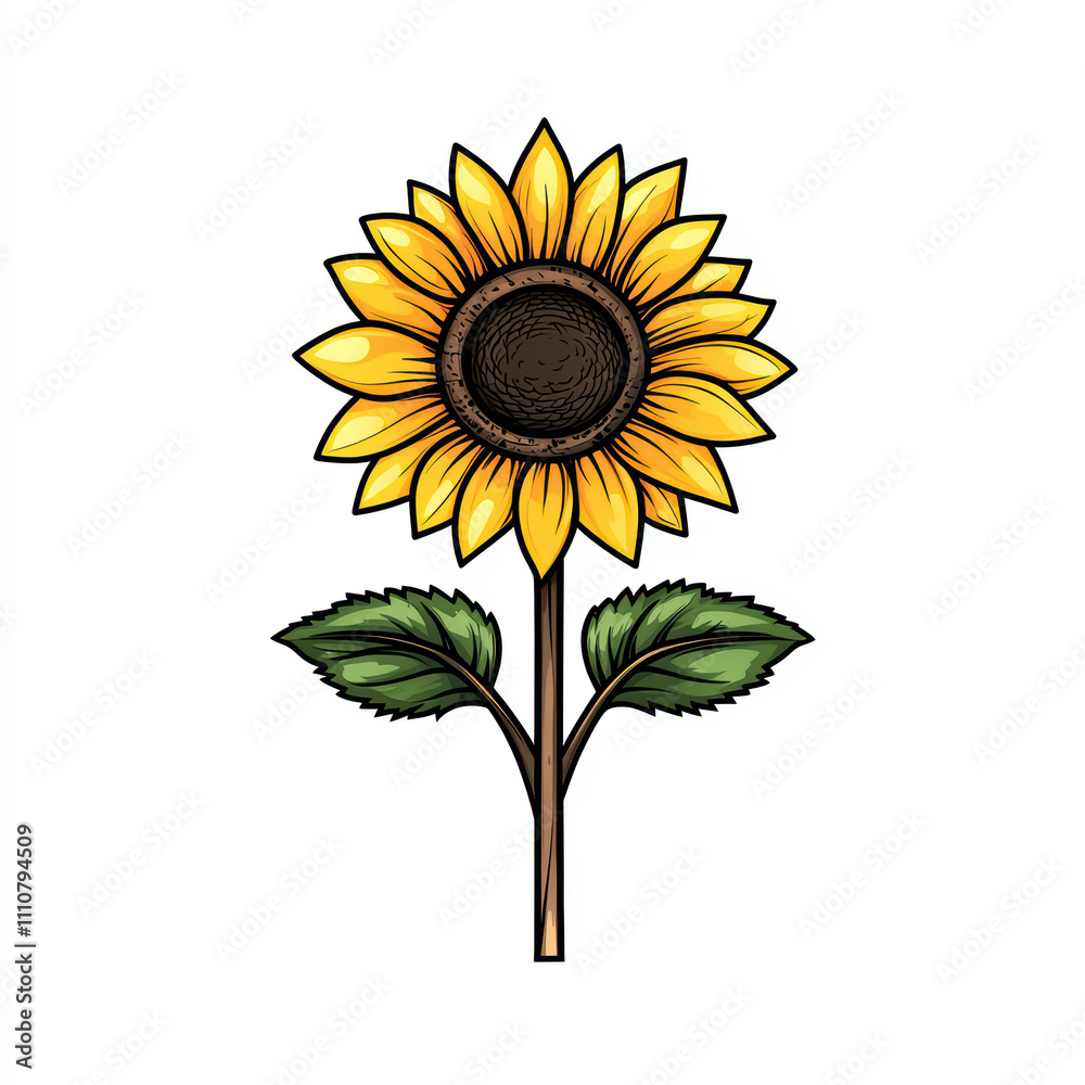 Fototapeta premium Vibrant sunflower with bold yellow petals and green leaves, showcasing its beauty and charm. Perfect for nature lovers and floral enthusiasts