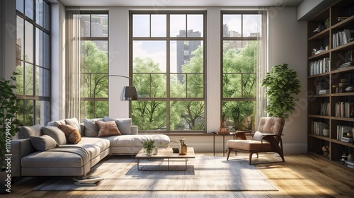 A photo of a well-lit living room with large windows