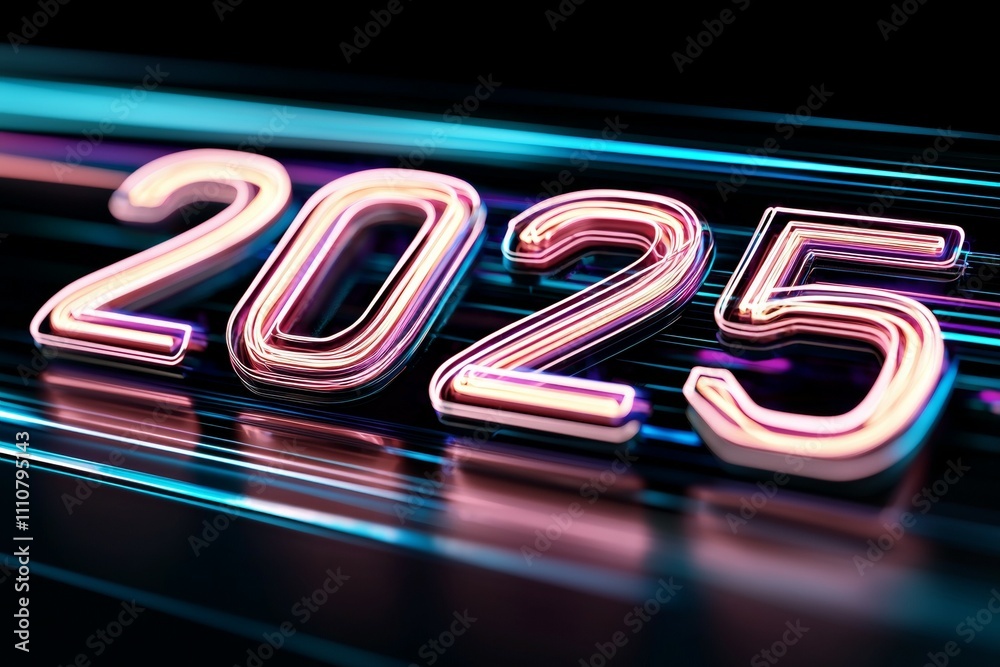 Neon 2025 sign with bright glowing colors against a dark background Neon 2025 sign with bright glowing colors against a dark background