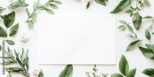 Botanical frame on a white background with green leaves and white flowers
